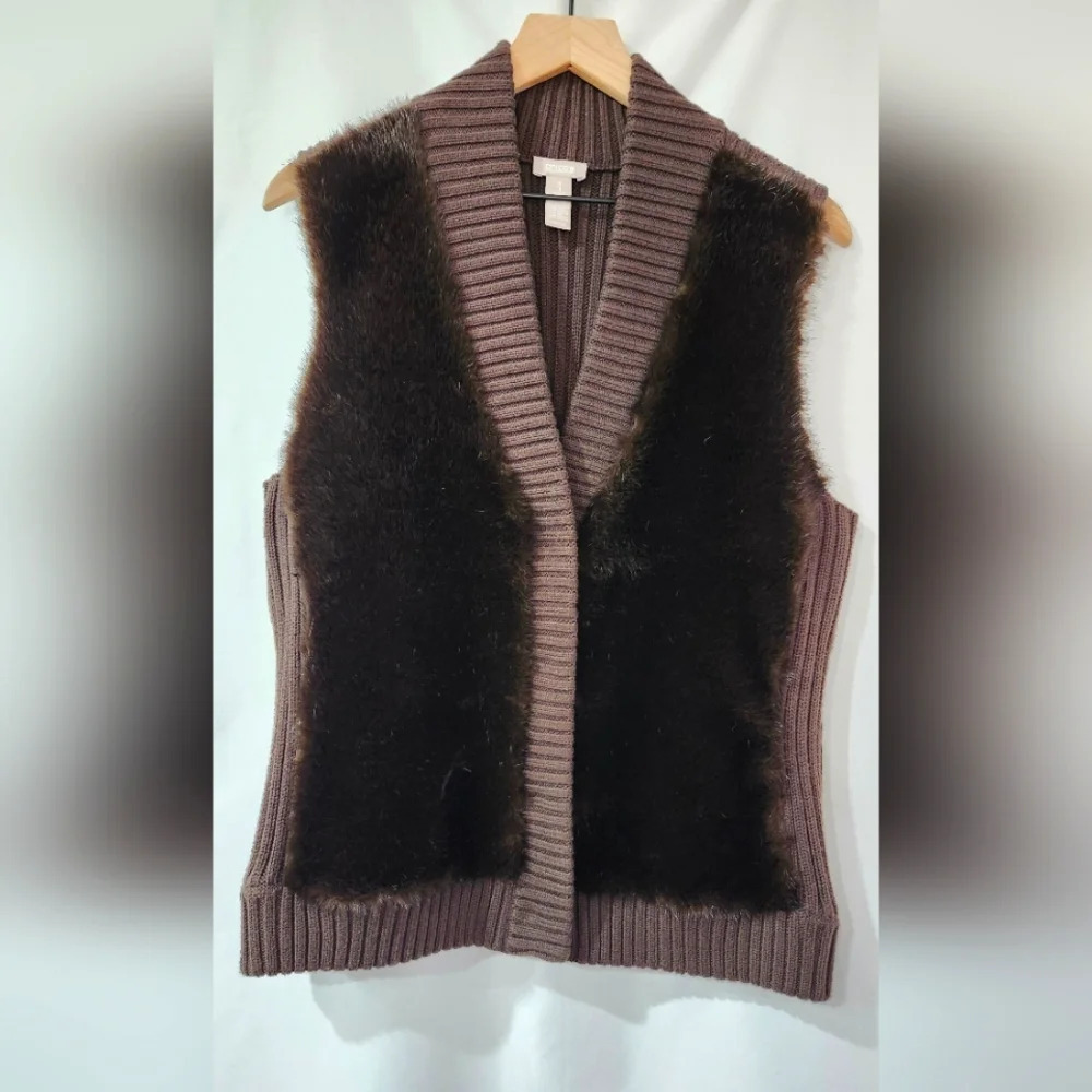 Chicos Women Brown Faux Fur Ribbed Knit Vest Size 1 (US M) Luxury Chic Old Money